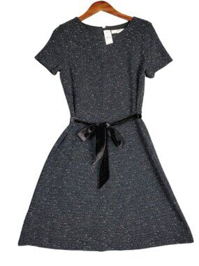 LOFT Dress Women's 8T Black White Specks Textured Short Sleeve Belted Waist NWT